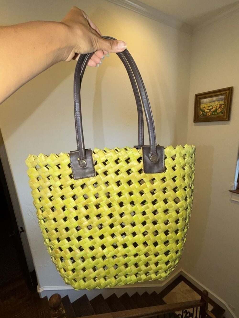 Lime Green Woven Hollow Out Summer Beach Tote Bag